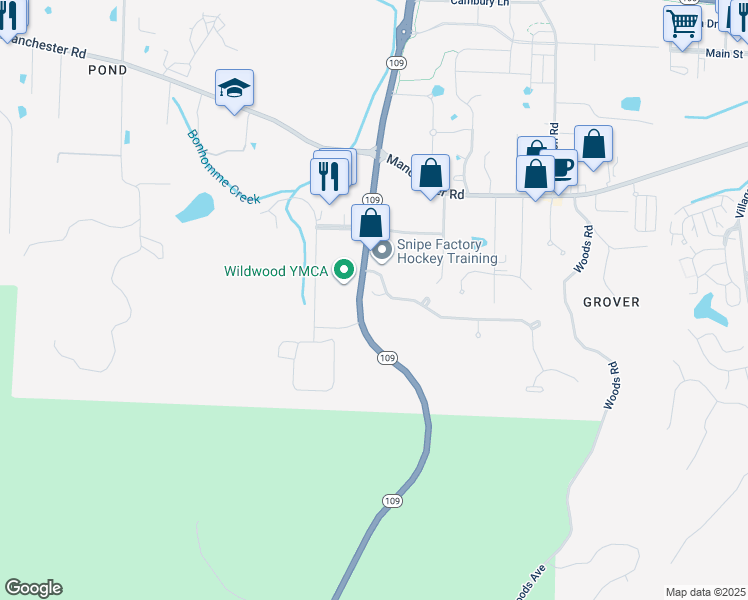 map of restaurants, bars, coffee shops, grocery stores, and more near 2718 Westridge Pines Court in Wildwood