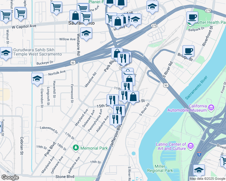 map of restaurants, bars, coffee shops, grocery stores, and more near 1105 Alabama Avenue in West Sacramento