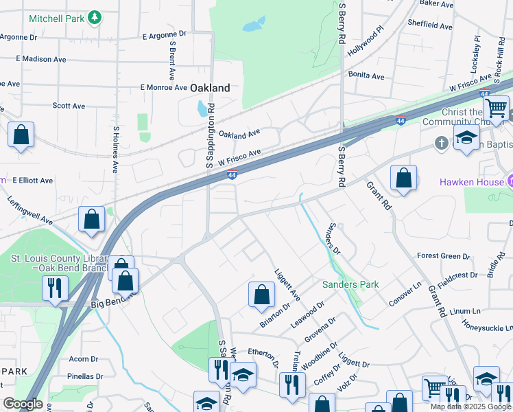 map of restaurants, bars, coffee shops, grocery stores, and more near 9526 Red Bud Tree Lane in St. Louis