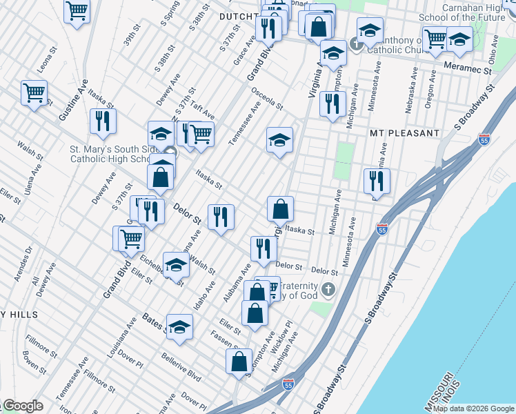 map of restaurants, bars, coffee shops, grocery stores, and more near 3405 Itaska Street in St. Louis