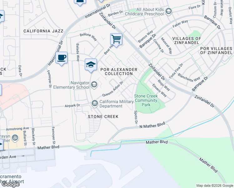 map of restaurants, bars, coffee shops, grocery stores, and more near 10825 Portico Circle in Rancho Cordova
