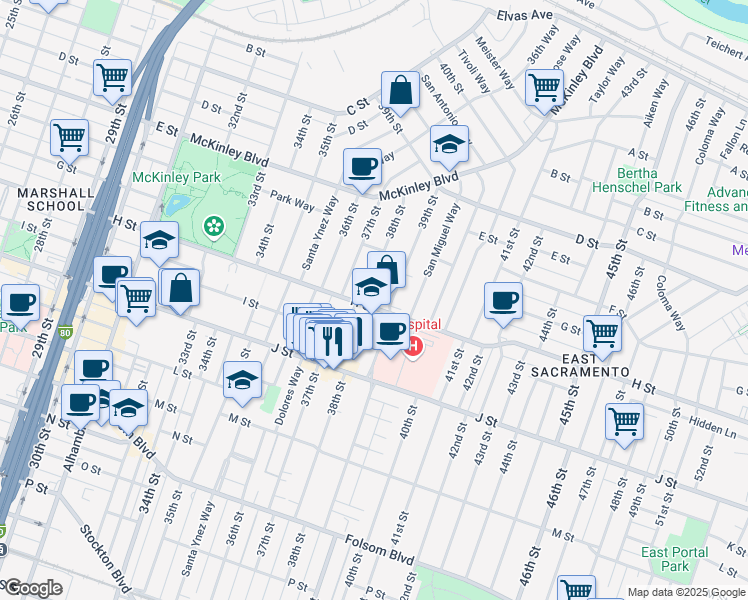 map of restaurants, bars, coffee shops, grocery stores, and more near 3801 H Street in Sacramento