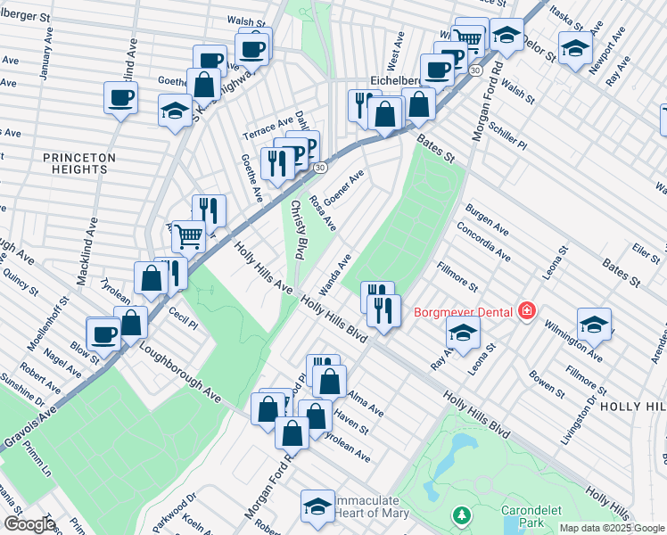 map of restaurants, bars, coffee shops, grocery stores, and more near 6203 Federer Street in St. Louis