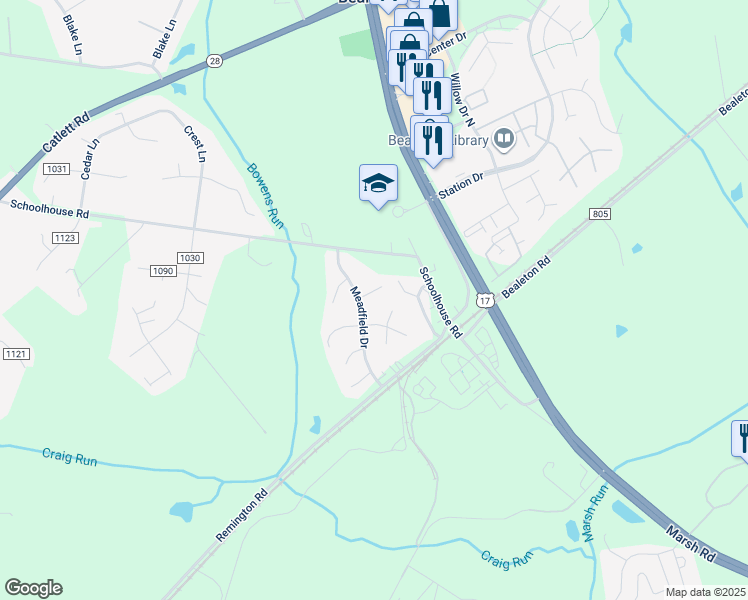 map of restaurants, bars, coffee shops, grocery stores, and more near 6415 Beales Court in Bealeton
