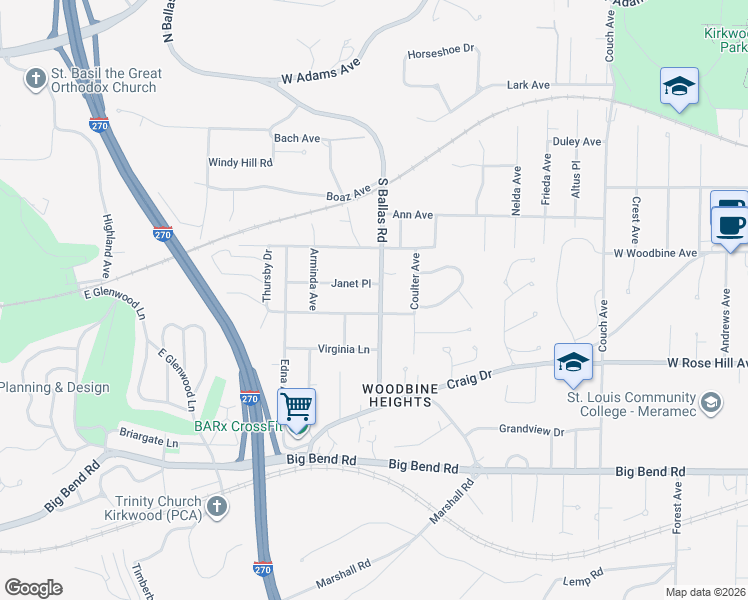 map of restaurants, bars, coffee shops, grocery stores, and more near 621 South Ballas Road in St. Louis