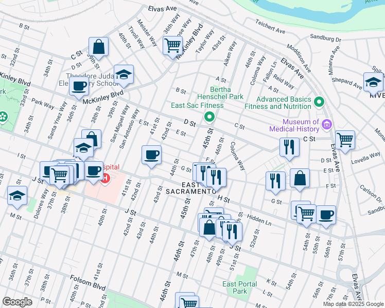 map of restaurants, bars, coffee shops, grocery stores, and more near 4432 F Street in Sacramento