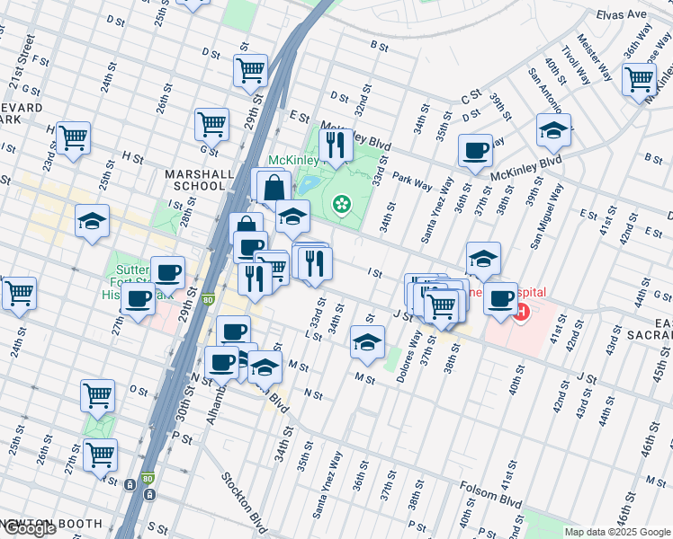 map of restaurants, bars, coffee shops, grocery stores, and more near 3400 I Street in Sacramento