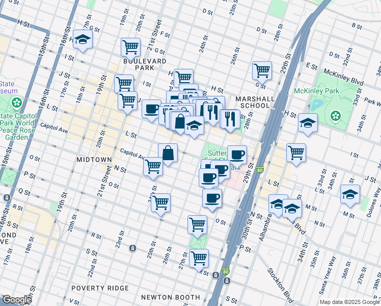map of restaurants, bars, coffee shops, grocery stores, and more near 2525 L Street in Sacramento