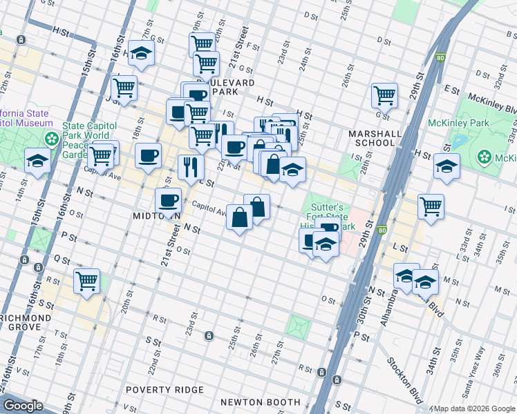 map of restaurants, bars, coffee shops, grocery stores, and more near 1216 24th Street in Sacramento