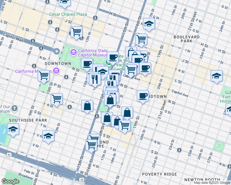 map of restaurants, bars, coffee shops, grocery stores, and more near 1520 16th Street in Sacramento