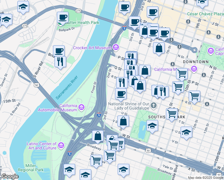 map of restaurants, bars, coffee shops, grocery stores, and more near 220 S Street in Sacramento