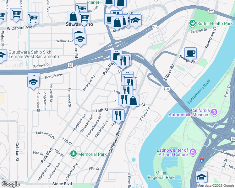 map of restaurants, bars, coffee shops, grocery stores, and more near 1105 Alabama Avenue in West Sacramento