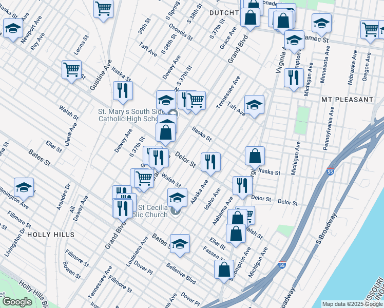 map of restaurants, bars, coffee shops, grocery stores, and more near 4756 Tennessee Avenue in St. Louis
