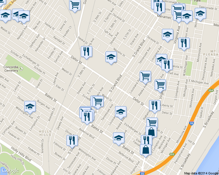 map of restaurants, bars, coffee shops, grocery stores, and more near 5034 Grace Avenue in St. Louis