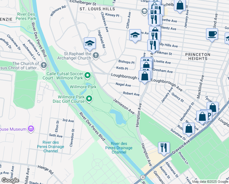 map of restaurants, bars, coffee shops, grocery stores, and more near 7028 Jamieson Avenue in St. Louis