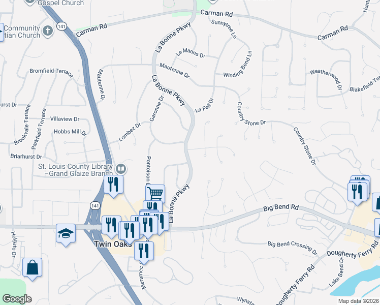 map of restaurants, bars, coffee shops, grocery stores, and more near 1503 Ploma Drive in Ballwin