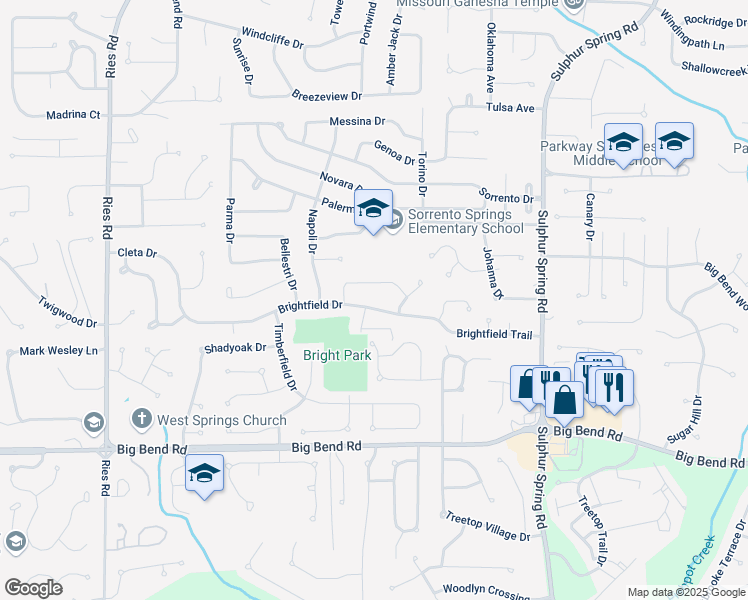 map of restaurants, bars, coffee shops, grocery stores, and more near 299 Brightfield Drive in Ballwin