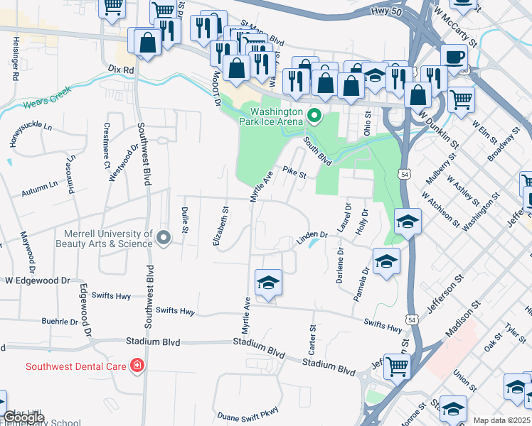 map of restaurants, bars, coffee shops, grocery stores, and more near 1310 Linden Drive in Jefferson City