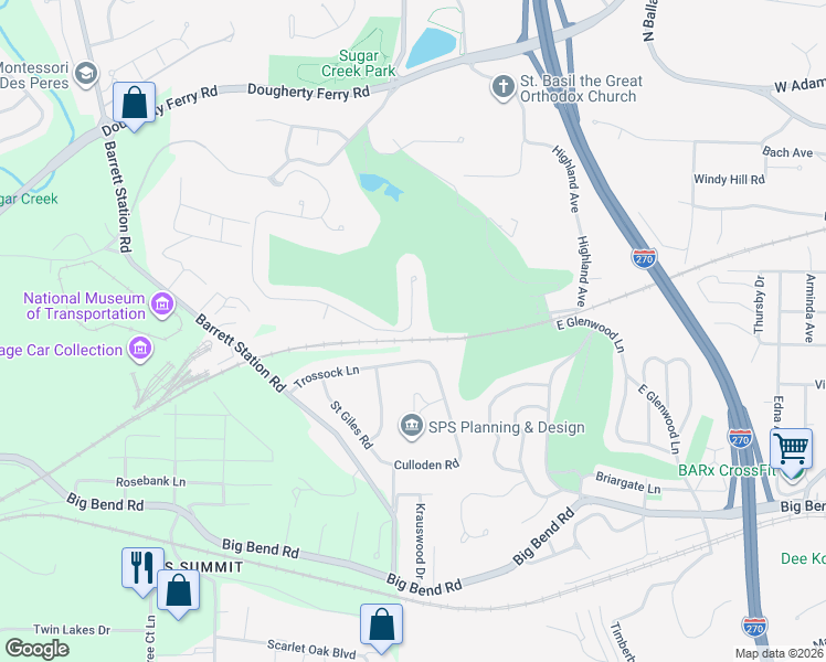 map of restaurants, bars, coffee shops, grocery stores, and more near 301 Greenbriar Estates Drive in St. Louis