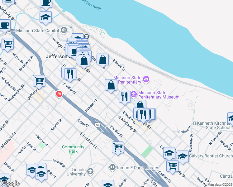 map of restaurants, bars, coffee shops, grocery stores, and more near 529 East High Street in Jefferson City