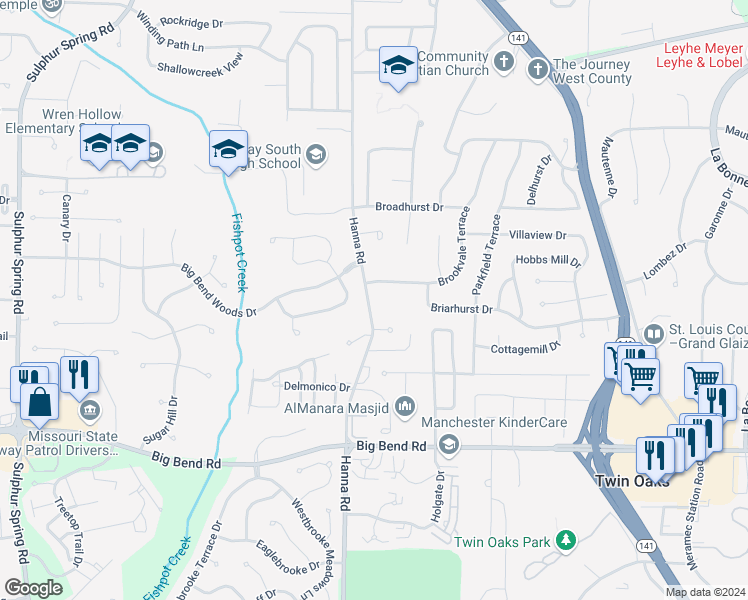 map of restaurants, bars, coffee shops, grocery stores, and more near 904 Hanna Road in Ballwin