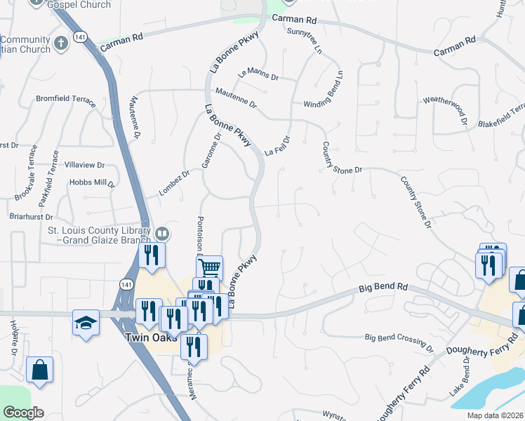 map of restaurants, bars, coffee shops, grocery stores, and more near 1503 Ploma Drive in Ballwin