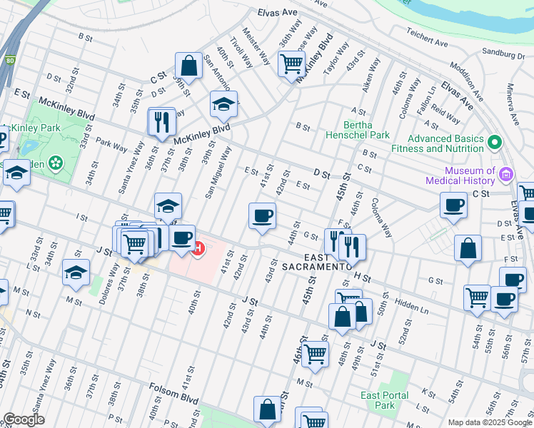 map of restaurants, bars, coffee shops, grocery stores, and more near 658 42nd Street in Sacramento