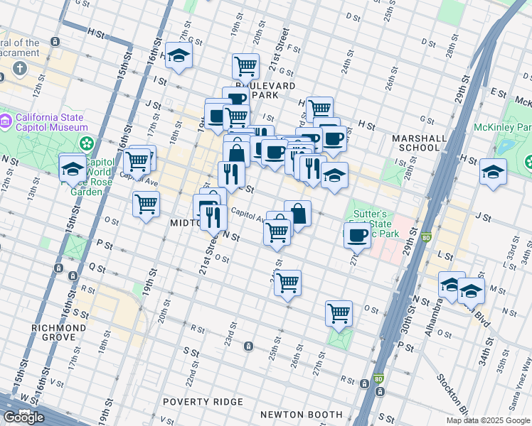 map of restaurants, bars, coffee shops, grocery stores, and more near 2223 Capitol Avenue in Sacramento