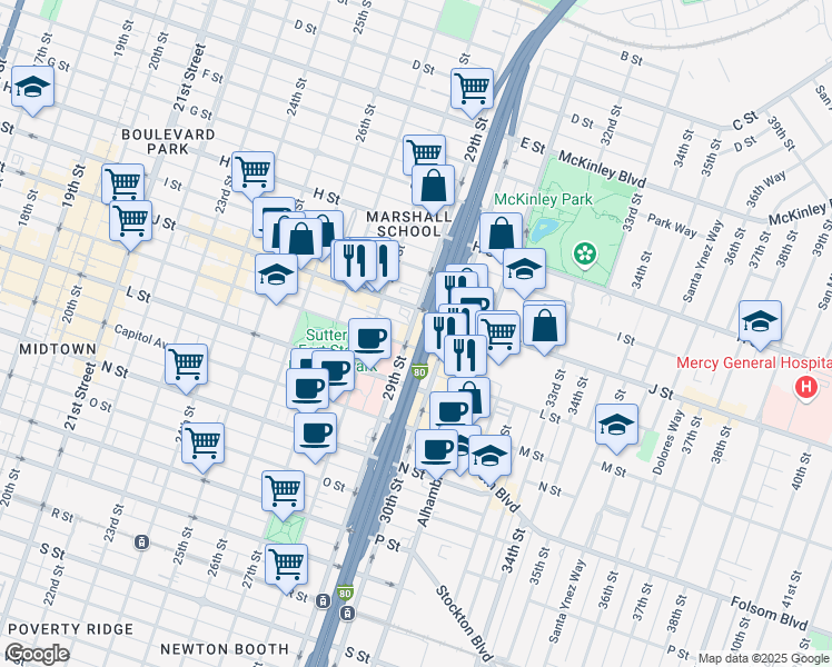 map of restaurants, bars, coffee shops, grocery stores, and more near in Sacramento