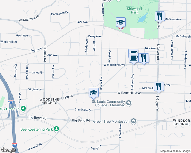 map of restaurants, bars, coffee shops, grocery stores, and more near 555 Couch Avenue in Kirkwood