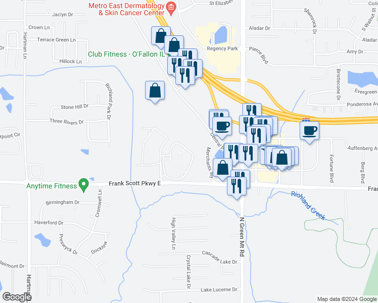 map of restaurants, bars, coffee shops, grocery stores, and more near 1232 Greenfield Place in O'Fallon