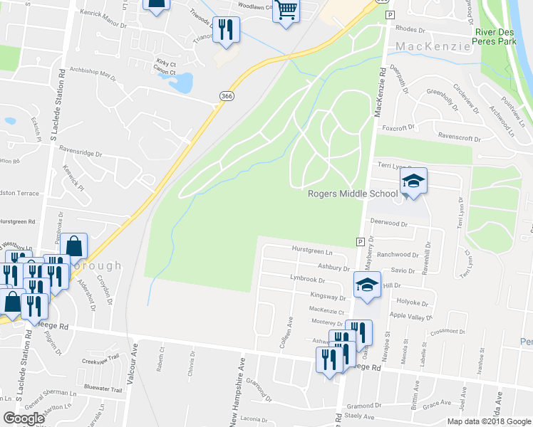 map of restaurants, bars, coffee shops, grocery stores, and more near 6901 Mackenzie Road in St. Louis