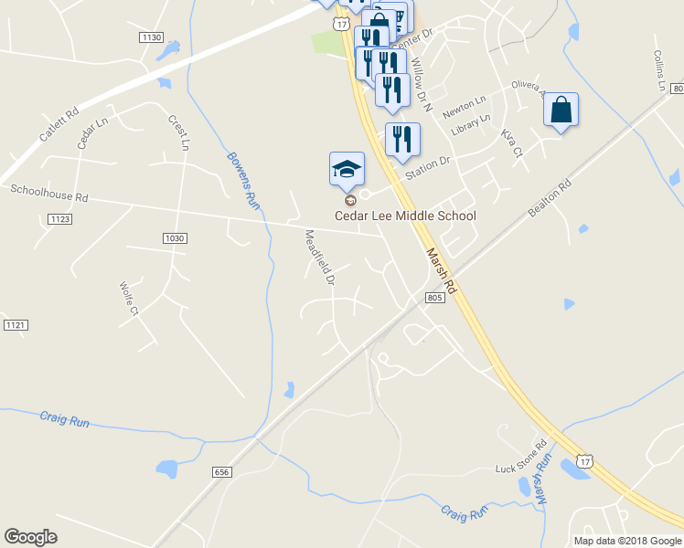 map of restaurants, bars, coffee shops, grocery stores, and more near 6415 Beales Court in Bealeton