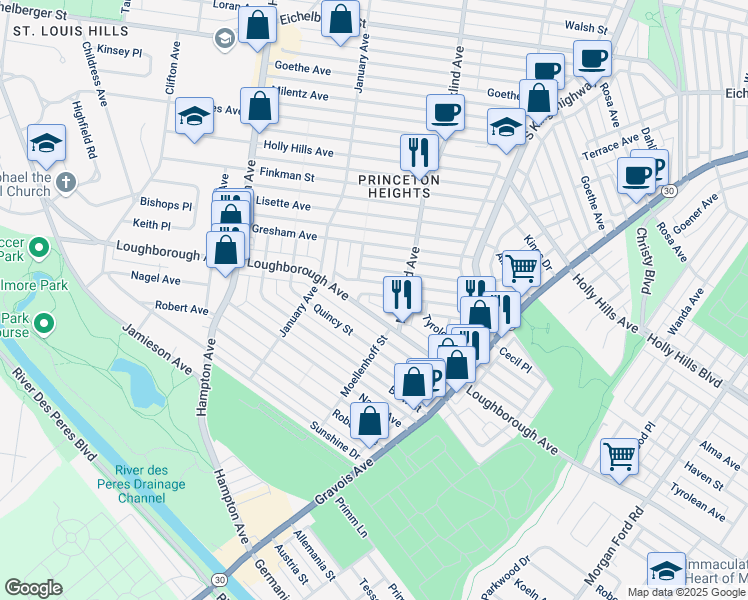 map of restaurants, bars, coffee shops, grocery stores, and more near 5240 Loughborough Avenue in St. Louis