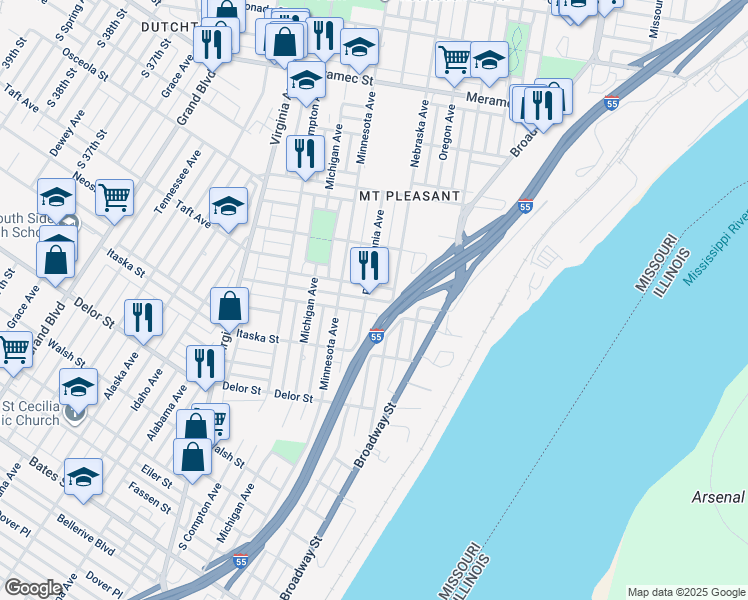 map of restaurants, bars, coffee shops, grocery stores, and more near 2918 Mount Pleasant Street in Saint Louis