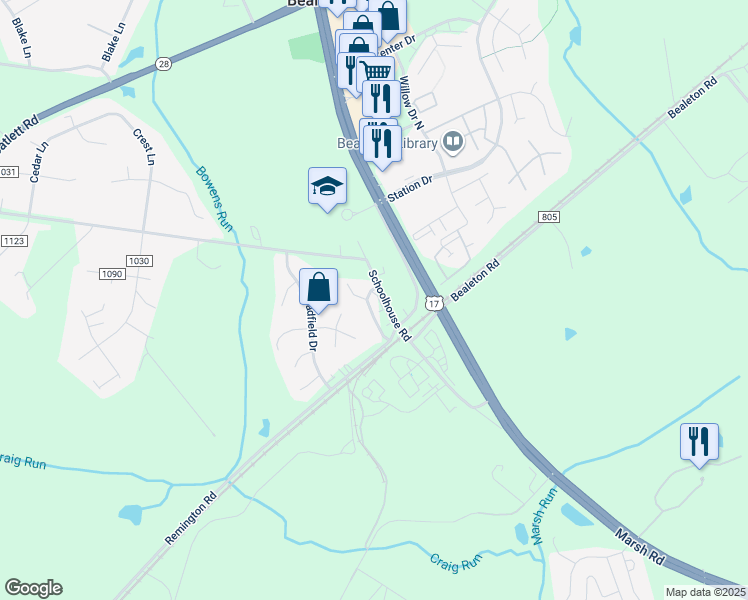 map of restaurants, bars, coffee shops, grocery stores, and more near 11235 Torrie Way in Bealeton