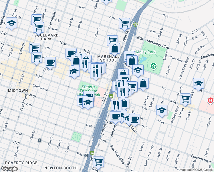 map of restaurants, bars, coffee shops, grocery stores, and more near in Sacramento