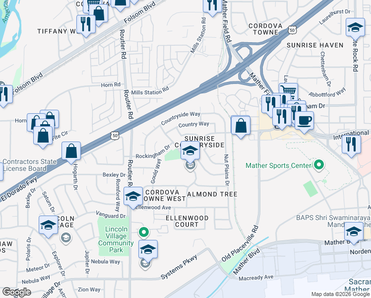 map of restaurants, bars, coffee shops, grocery stores, and more near 3312 Hartselle Way in Sacramento