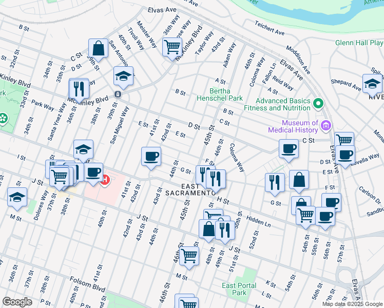 map of restaurants, bars, coffee shops, grocery stores, and more near 4432 F Street in Sacramento