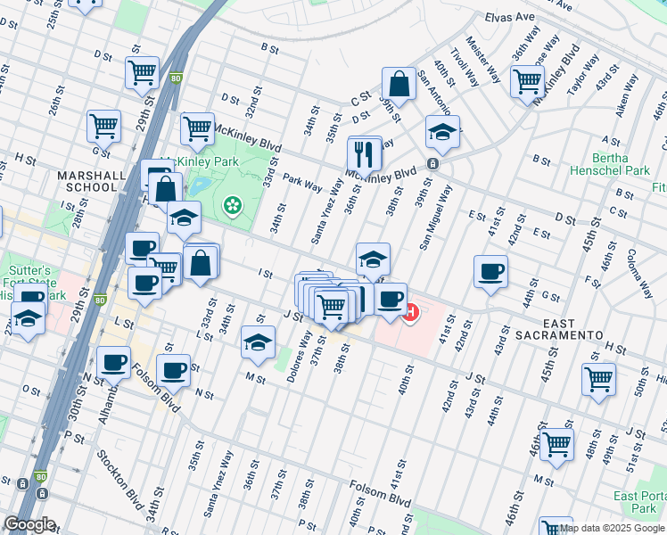 map of restaurants, bars, coffee shops, grocery stores, and more near 3644 H Street in Sacramento