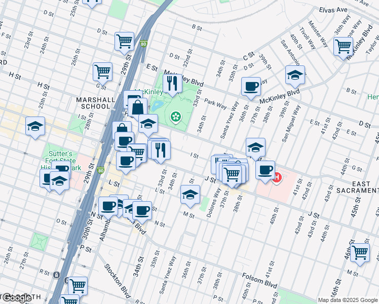 map of restaurants, bars, coffee shops, grocery stores, and more near 3400 I Street in Sacramento