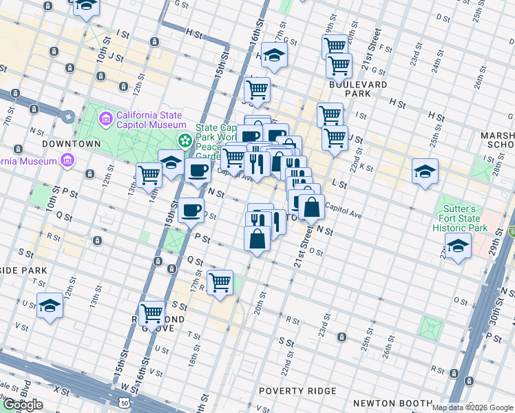 map of restaurants, bars, coffee shops, grocery stores, and more near 1830 N Street in Sacramento