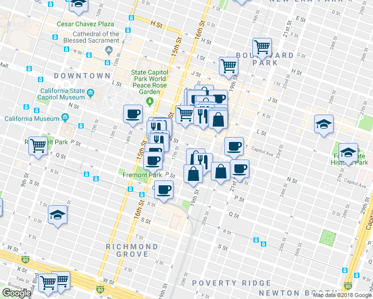 map of restaurants, bars, coffee shops, grocery stores, and more near 1414 18th Street in Sacramento