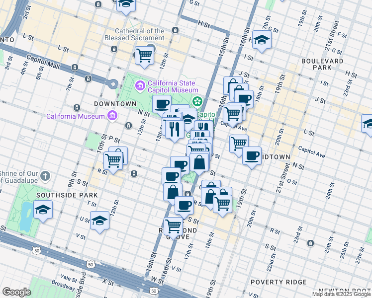 map of restaurants, bars, coffee shops, grocery stores, and more near 1514 15th Street in Sacramento