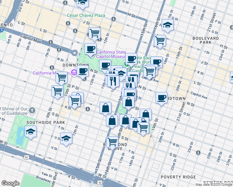 map of restaurants, bars, coffee shops, grocery stores, and more near 1514 15th Street in Sacramento