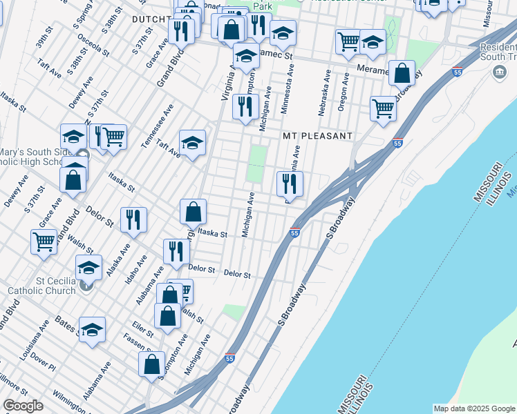 map of restaurants, bars, coffee shops, grocery stores, and more near 4618 Michigan Avenue in St. Louis