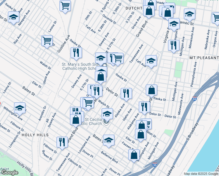 map of restaurants, bars, coffee shops, grocery stores, and more near in St. Louis
