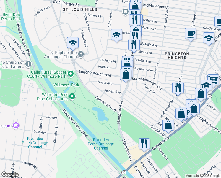 map of restaurants, bars, coffee shops, grocery stores, and more near 5838 Robert Avenue in St. Louis