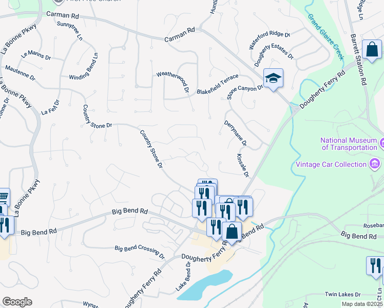 map of restaurants, bars, coffee shops, grocery stores, and more near 716 Overlook Circle Drive in Ballwin