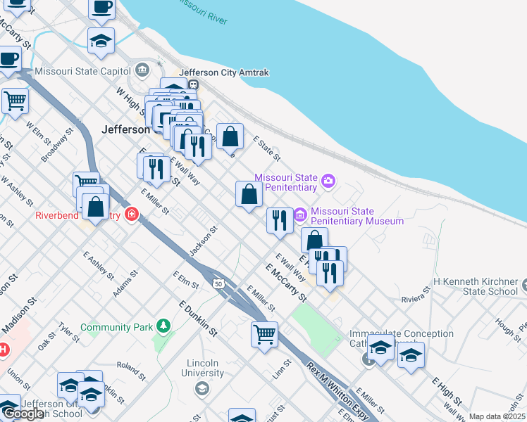 map of restaurants, bars, coffee shops, grocery stores, and more near 529 East High Street in Jefferson City